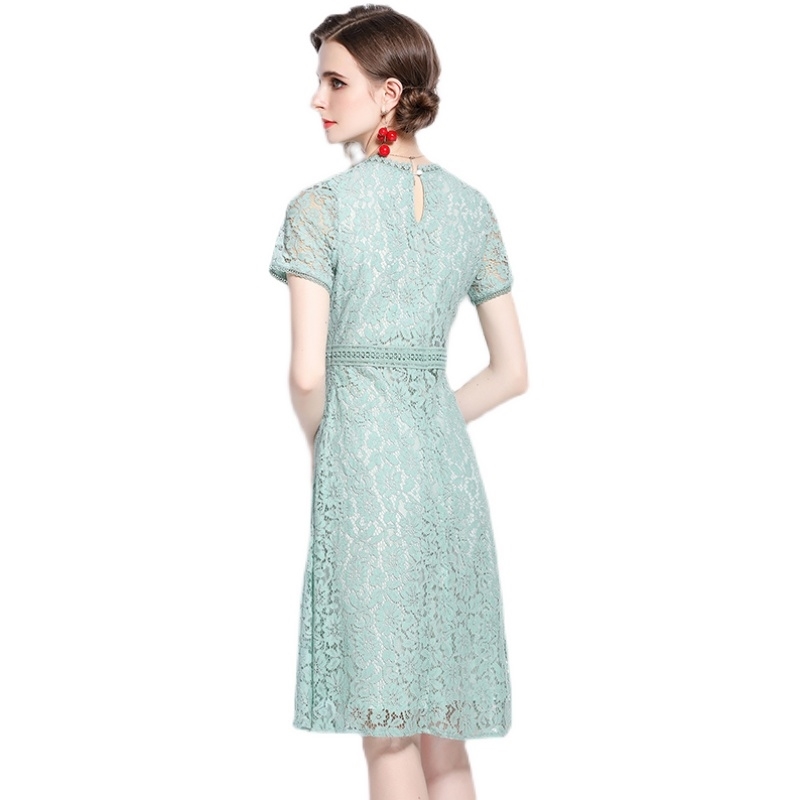 Summer Dress Women Vintage Elegant Lace Hollow Out Fashion Green Ladies Dresses Vestidos 210520