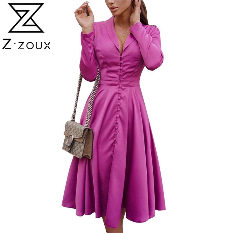 Women Dress Temperament Vintage Dresses V Neck Single Breasted Ladies High Waist Large Swing Long 210513