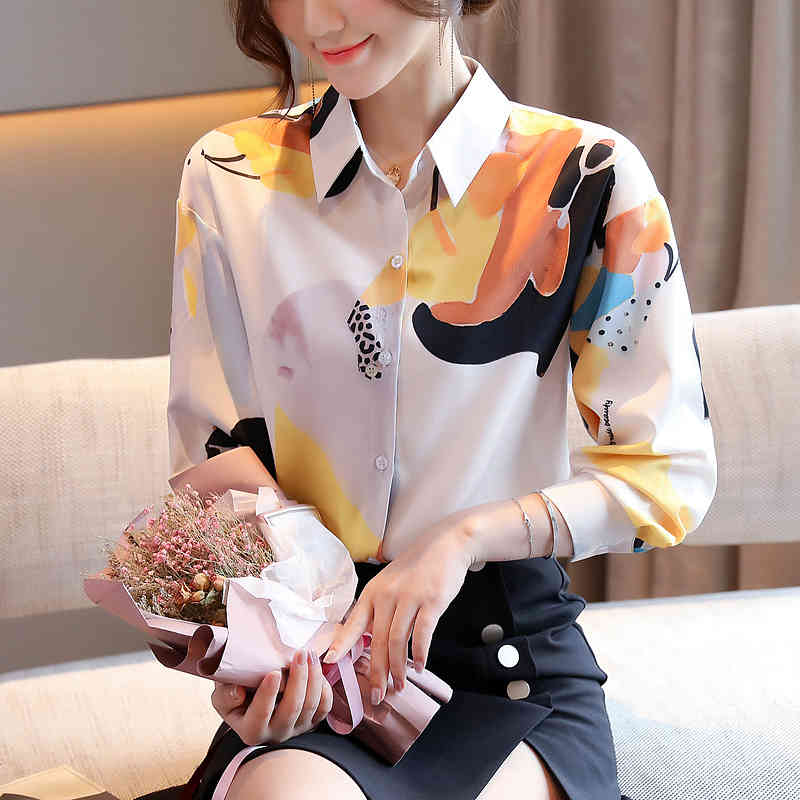 Autumn Chiffon Flower Print Shirt Women's Plus Size Ladies Tops Office Loose Long-Sleeve Cardigan Women Blouse 11128 210427