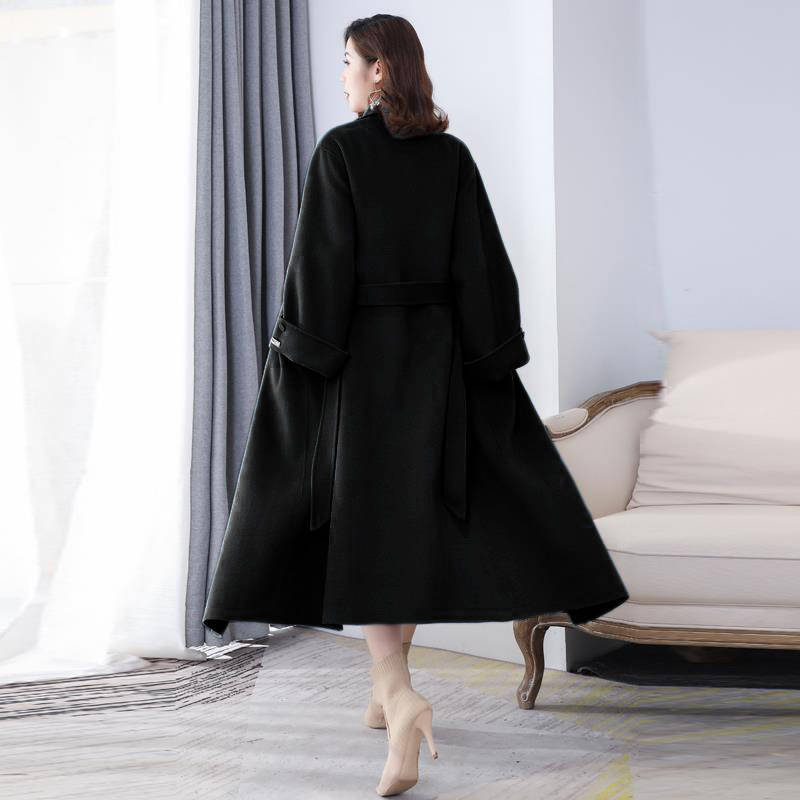 Wonder Winter solid women Double-Sided Wool coats sashes turn down collar elegant female A-line 210510