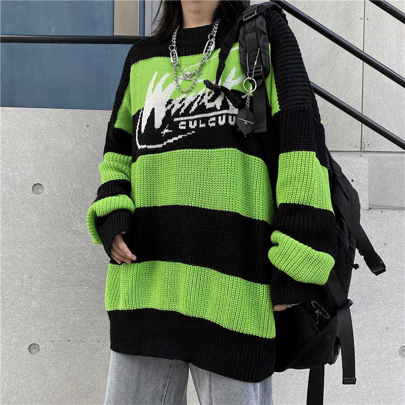 Women's sweater stripe letter casual tops harajuku pullover autumn drop vintage punk Hip hop streetwear Korean clothing 211011Z