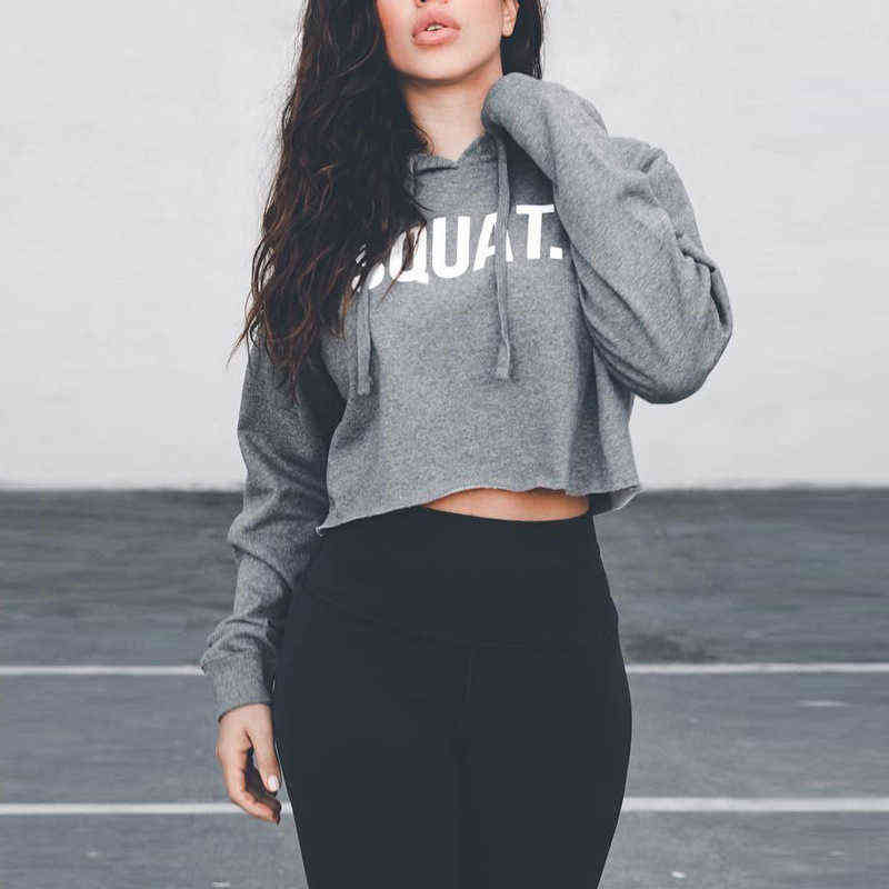 Spring Autumn Print SQUAT Hoodies Women Hooded Cotton Crop Tops Cool Streetwear Three Colors Sweatshirts Casual Clothes 211108