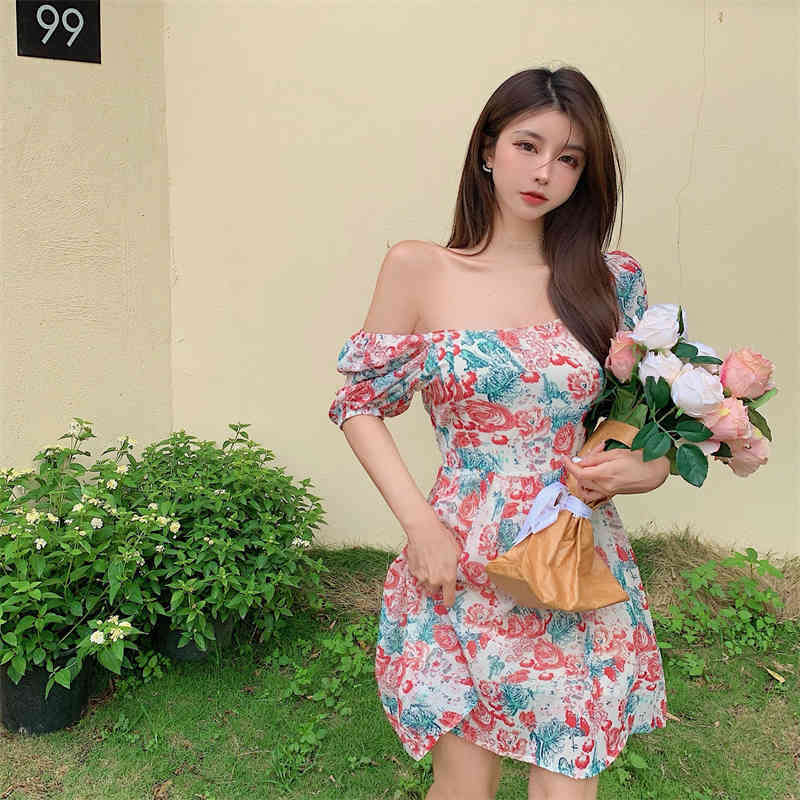 Sweet Flower Pattern Slim Waist Dresses Women Summer Elegant Square Collar Puff Sleeve Vestidos Fashion A-line Mini Dress 210519