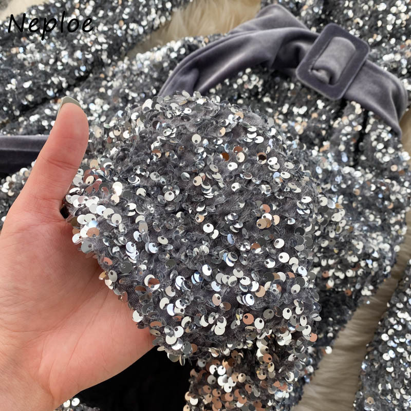 Neploe Square Collar Drawstring Slim Waist Elegant Vestidos Autumn New Vintage Sequined Dress Fashion Chic Dresses Women 210422