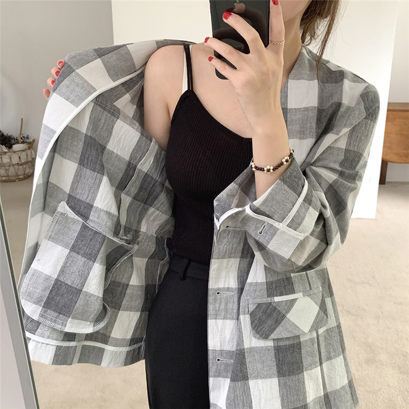 Comelsexy Office Lady Cotton Linen Blazers Formal Suit Jacket Loose Elegant Plaid Blazer Plus Size Women Tops 210515