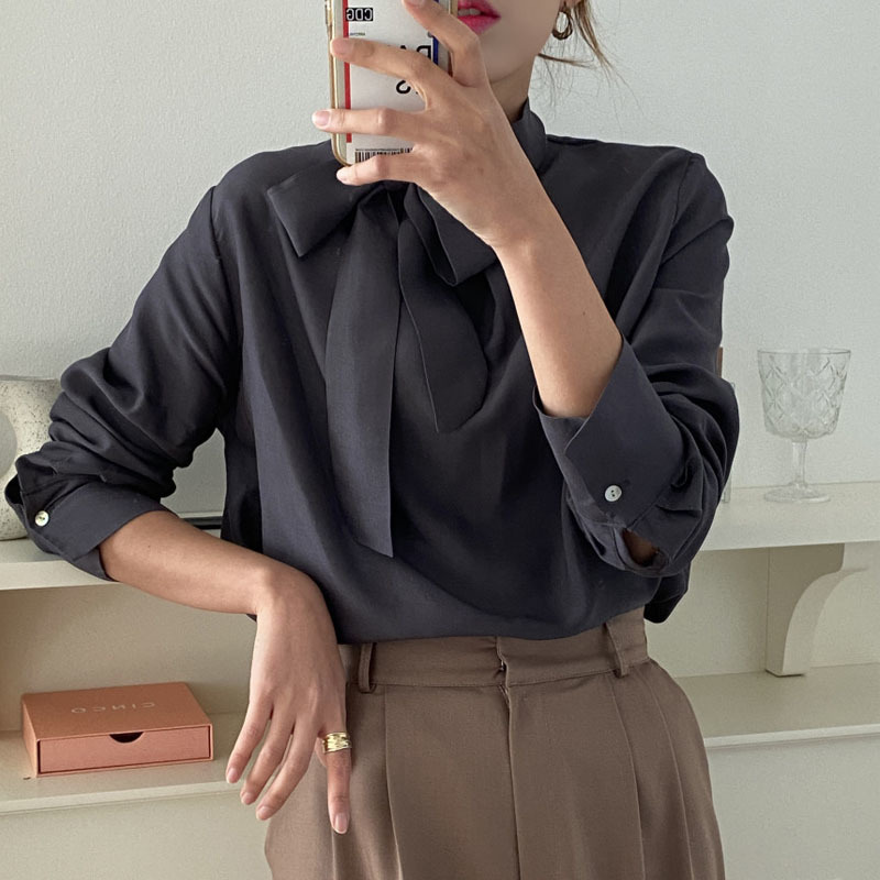 Korea Commute Chic Bow Tie Strap Women's Top and Blouse Loose Casual Long Sleeve Shirts Woman Office Lady Style Female 13341 210427