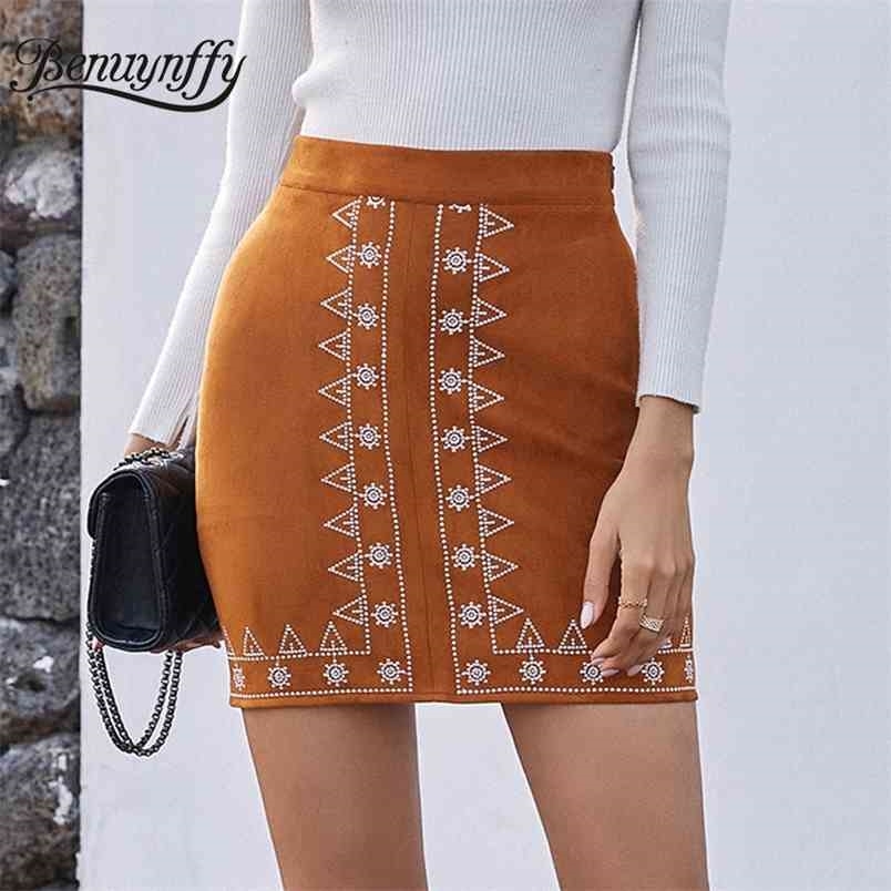 Side Zipper Embroidery Suede Skirt Women Spring Fall Streetwear Vintage High Waist Bodycon A-Line Mini Skirts 210510
