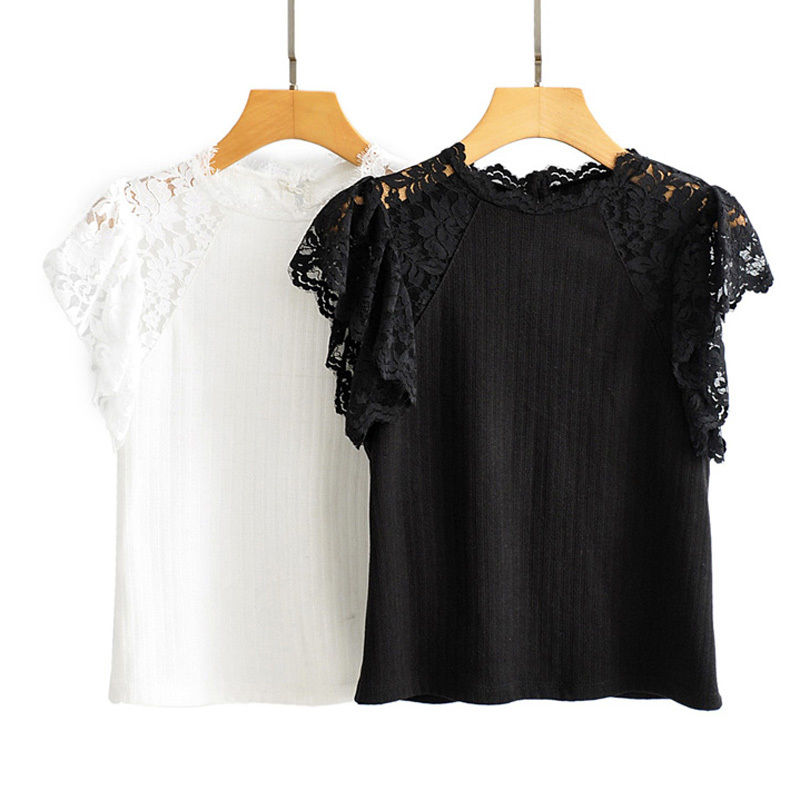Stylish Lace Patchwork Elastic Blouses Women Fashion O-Neck tops Elegant Ladies Short Batwing Sleeve Tees 210520
