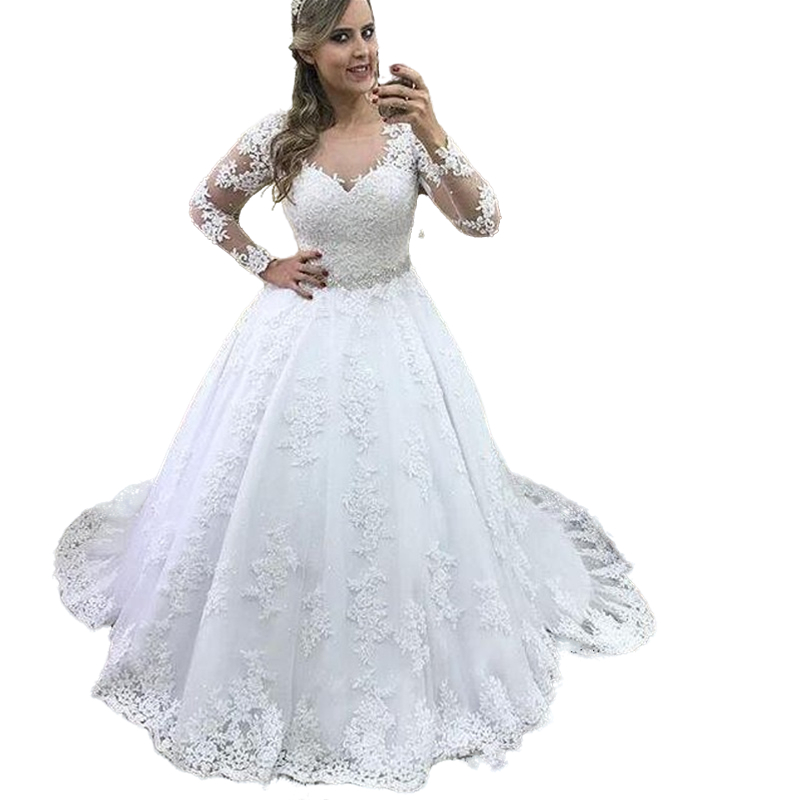 Vintage Lace Appliques A Line Wedding Dress Long Sleeve Garden Chapel Bridal Gowns Sheer Nec Court Train Plus Size Bride Wedding Dresses Robes De Mari