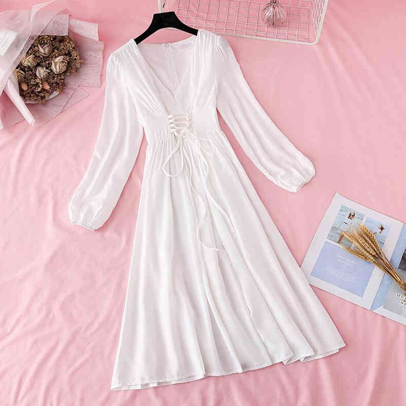 Solid Vintage V-neck Bandage Dress Spring Elegant Slim Party Women Dress High Waist Long Sleeve A-line Dress Midi Vestidos 210521