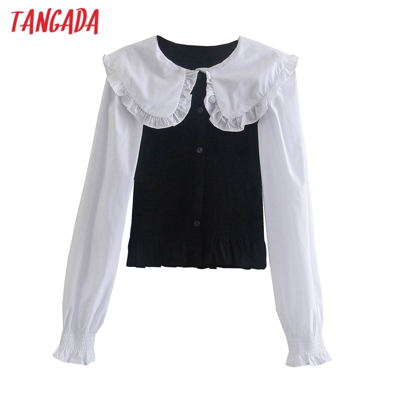Women Peter Pan Collar Pleated Blouse Short Style Fashion Long Sleeve Shirts Female Chic Tops 3N32 210416