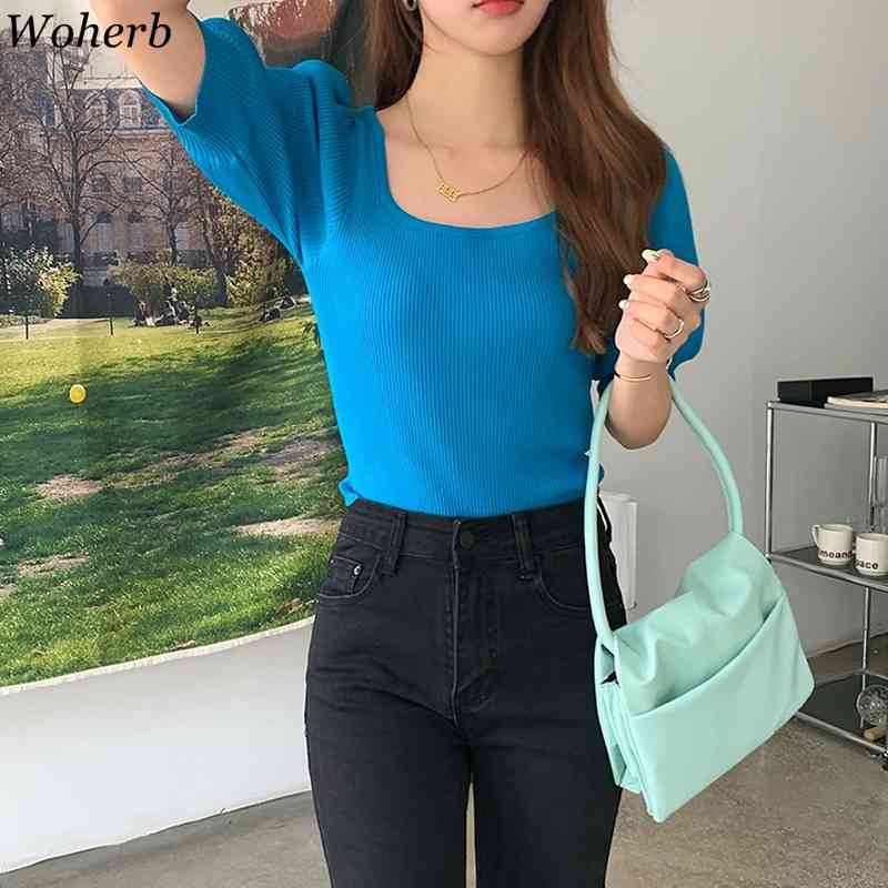 Chic Knitted T-shirt Women Summer Korean Tees Square Neck Puff Sleeve Slim Thin Tops 1 Fashion Sweet Shirts 210519