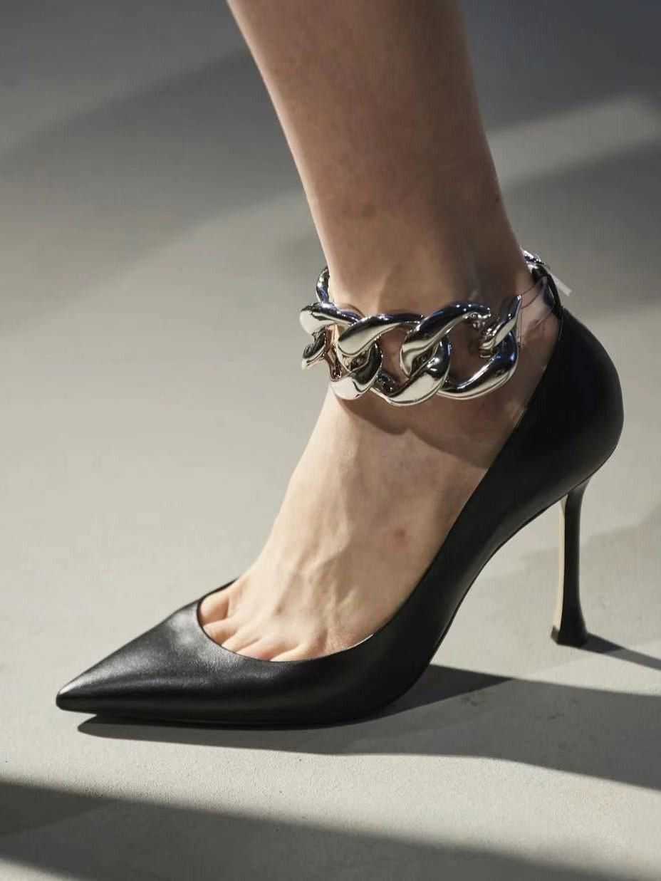 Spring Women Pumps Metal Chain Decoration High Heels White Brides Shoes Ankle Strap Heeled Sexy Party Wedding 210709