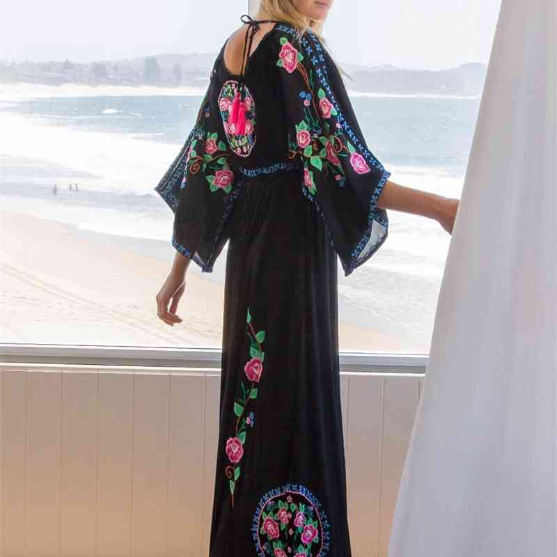 Arrival Floral Embroidery Bohemian Maxi Dress Female Casual People Beach Dresses Vestidos 210520