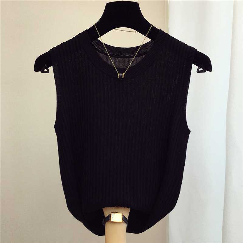 Ice Silk Knitted Vests Women Top O-neck Solid Tank Summer Fashion Female Sleeveless Casual Thin Tops White Black Tops 13687 210528wtt