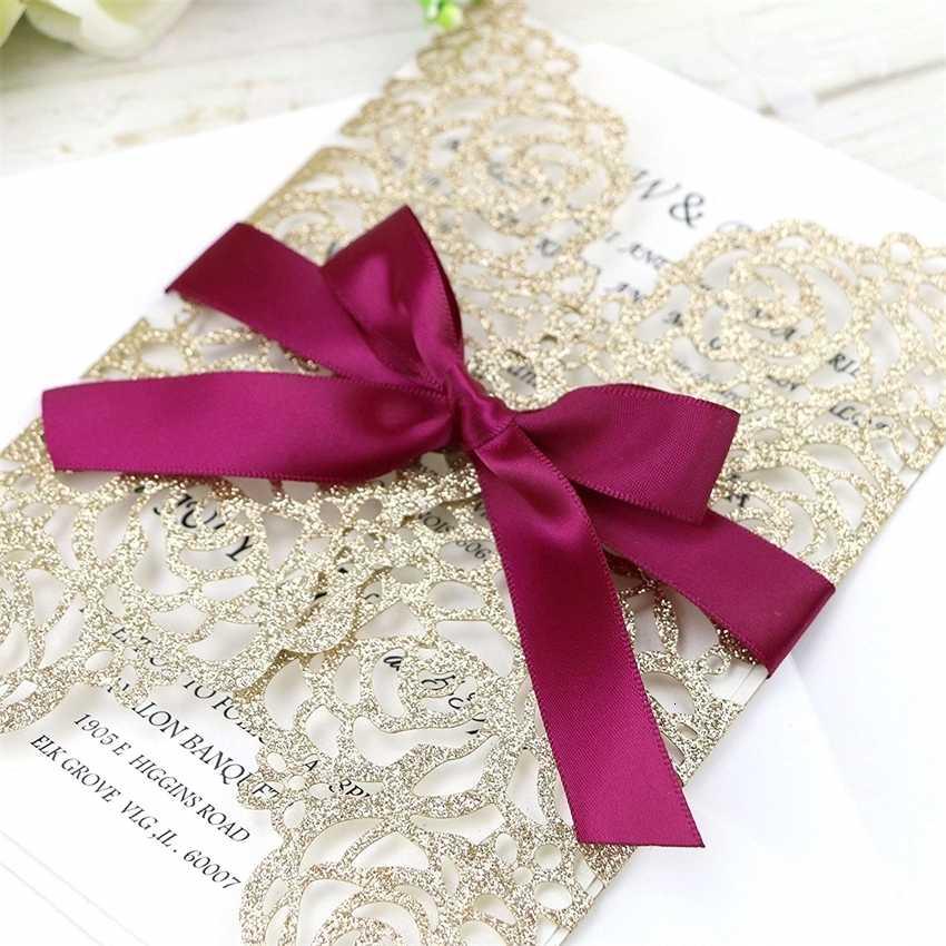 2021 Hot Invitation Cut Gold Laser Cards Glitter Sale With Burgundy Ribbons For Wedding Bridal Shower Engagement Birthday Gra
