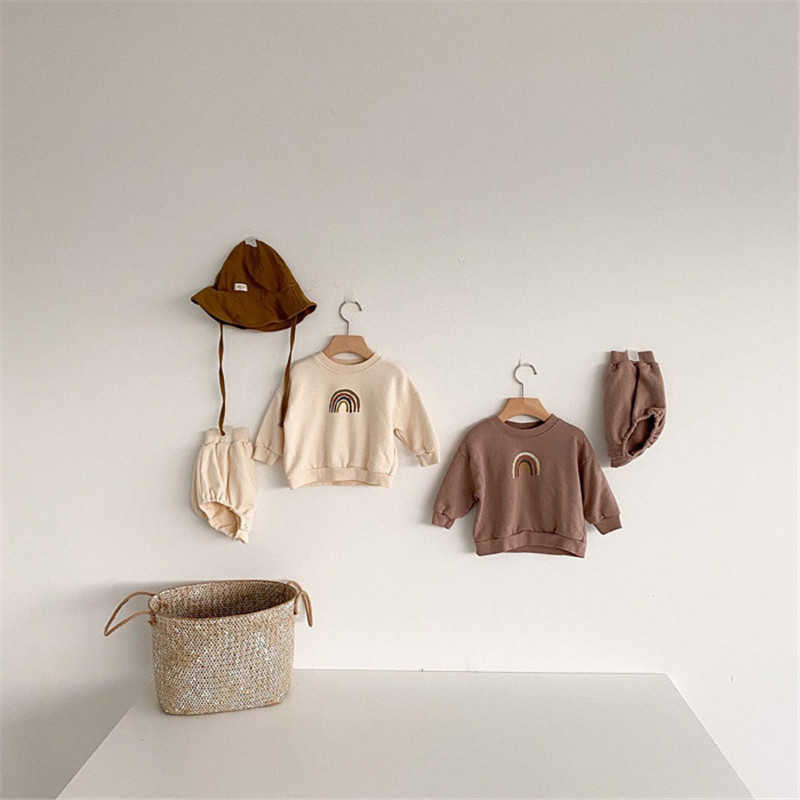 Korean Baby Boys And Girls Rainbow Clothing Set Long Sleeve Hoodies + Short Children Casual Two Piece Clothes 210615