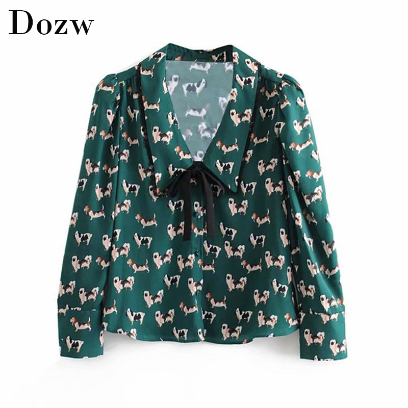 Women Green Dog Print Blouse Shirt Puff Sleeve Elegant Bow Tie Vintage Animal Pattern Top Casual Long Polyester