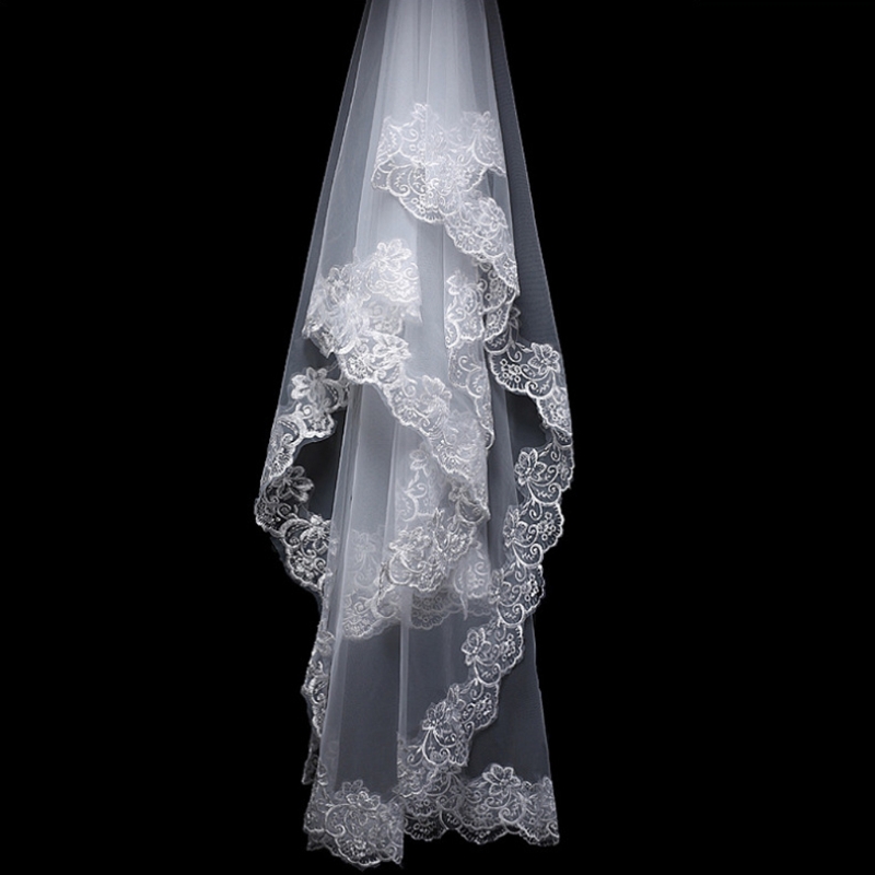 Women 150cm Bridal Short Wedding Veil White One Layer Lace Flower Edge Appliques 2022