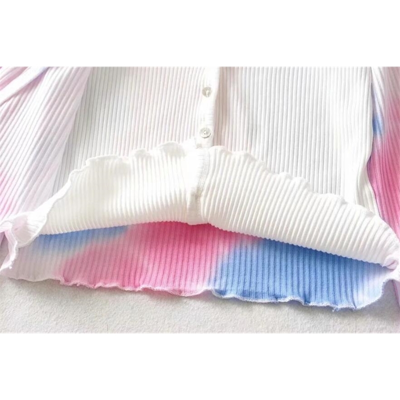 Women Knitted False 2pcs Tie dye Cropped Cardigan Sweater Vintage V neck Exposed navel Short Knitwear Long sleeve Jumper Tops 210429