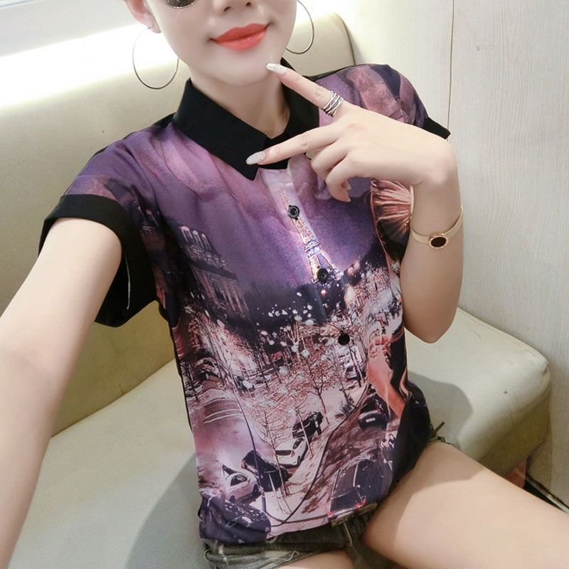 Fashion Women Blouses Printed Button Shirts Streetwear Short Sleeve Chiffon Blouse Ladies Tops Ropa De Mujer 4476 210427