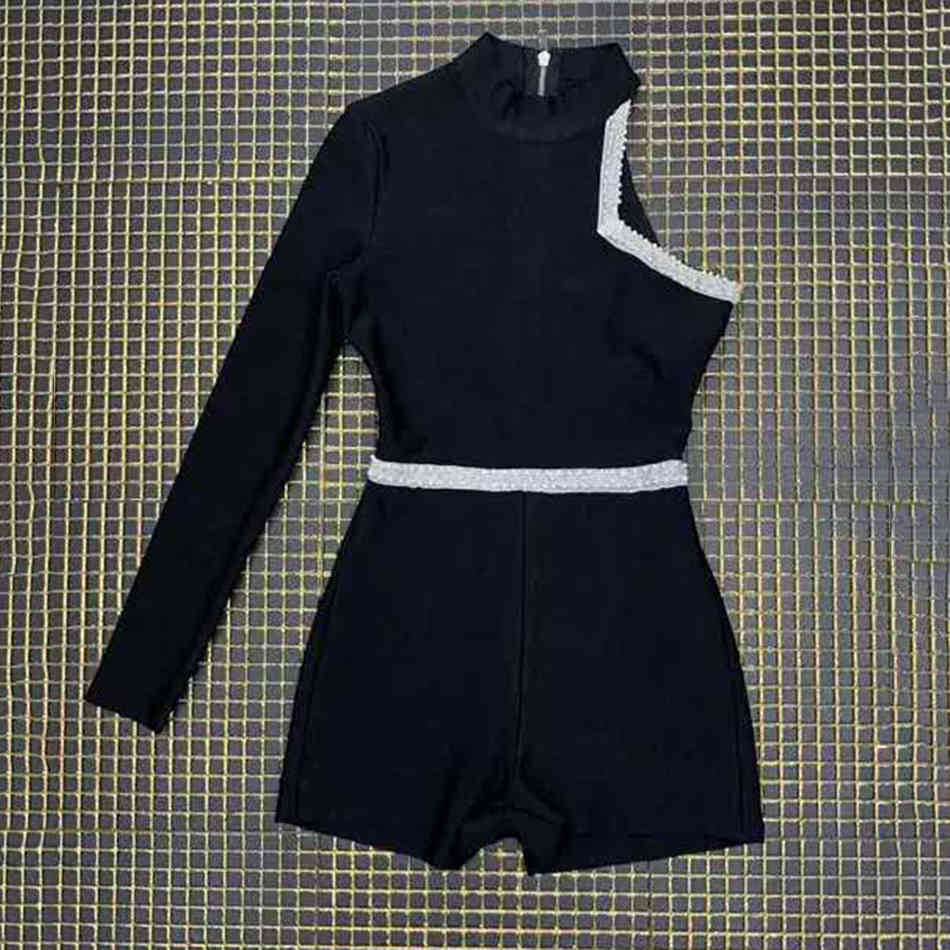 Free Summer Fashion Sexy One Shoulder Long Sleeve Beaded Celebrity Party Bandage Jumpsuit 210525