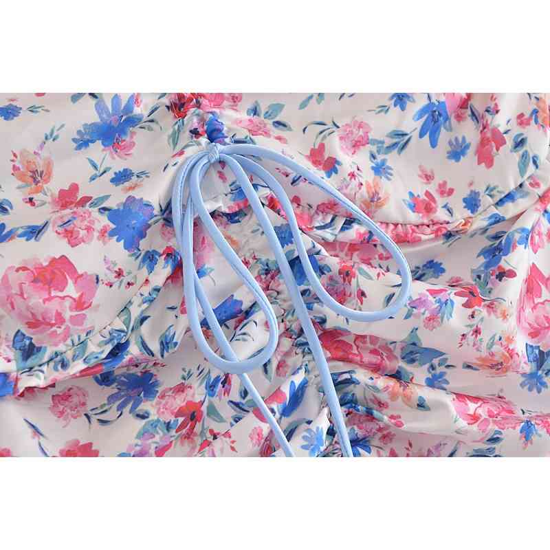 Holiday Lacing up Floral Print Short sleeve Lace Crop Top Sexy Women Package hips Ruched Mini Skirt Set Summer 210429