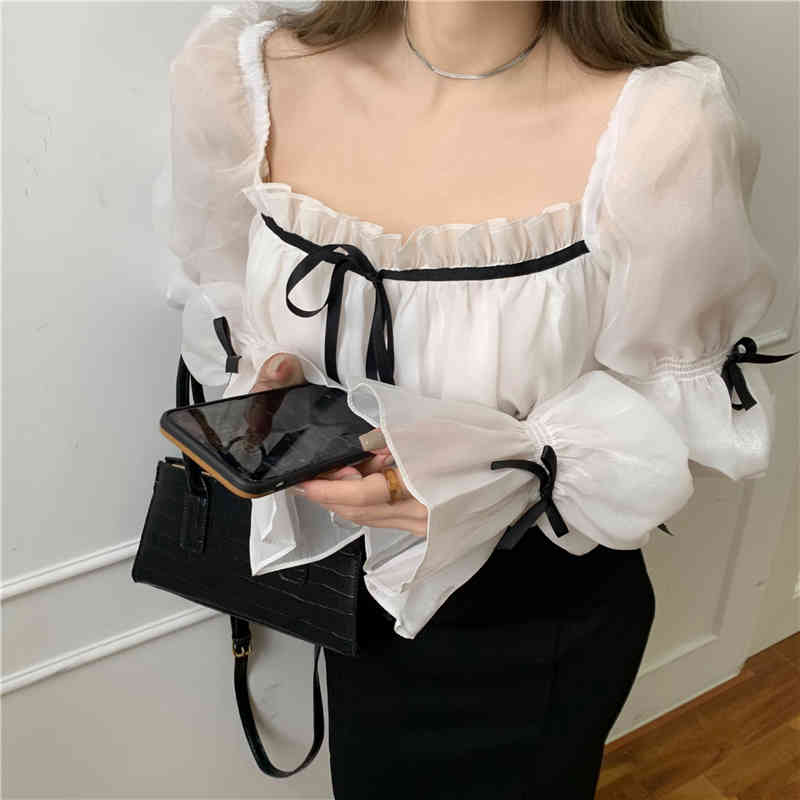 French Style Spring Women's Dress Office Lady Elegant Chiffon Patchwork Bow Square Collar Lantern Sleeve Slim Fashion Dresses 210519