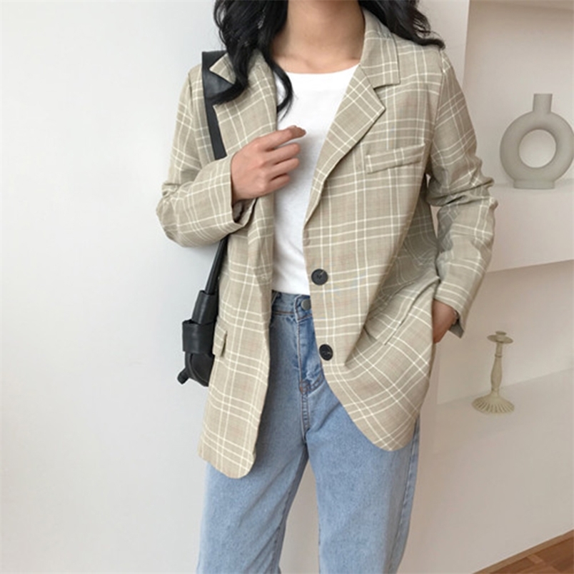 Autumn Korea Fashion Women Long Sleeve Loose Blazers Coat Female Casual Plaid Blazer Retro Bleizer Femeninos Top Quality S82 210512