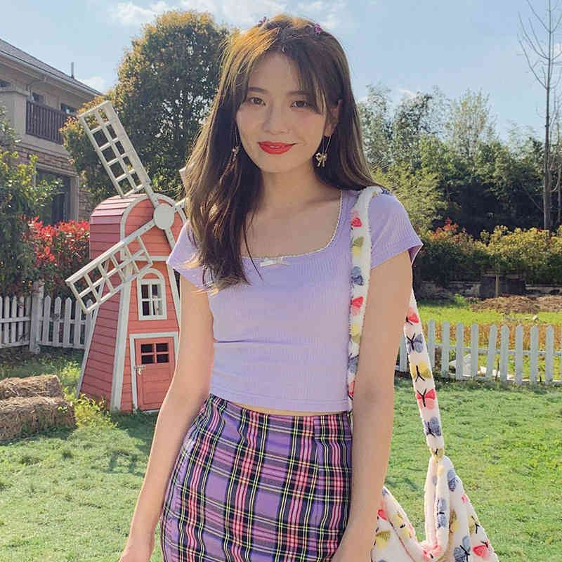 Women Square Neck Short Sleeve Rib T-shirt Crop Top 210406