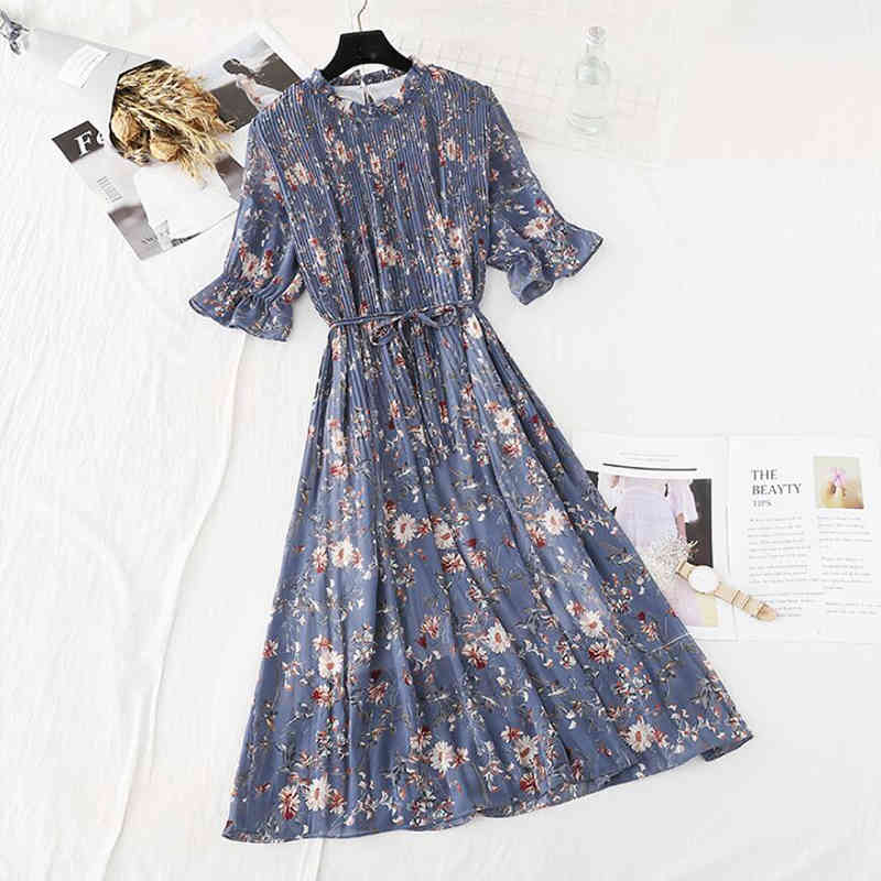 Summer Chiffon Midi Dress Korean Floral Printing Ruffles Dresses Casual Short Sleeve Pleated Hem Elegant Party Vestidos 210521