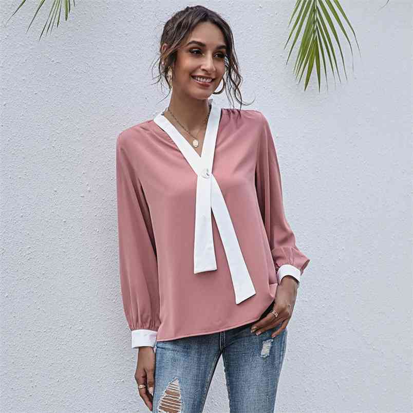 Elegant Chiffon Blouses Women Fashion Long Sleeve V-Neck Cross Bow Tie Patchwork Office Blouse Casual Loose Female Shirt Top 210522
