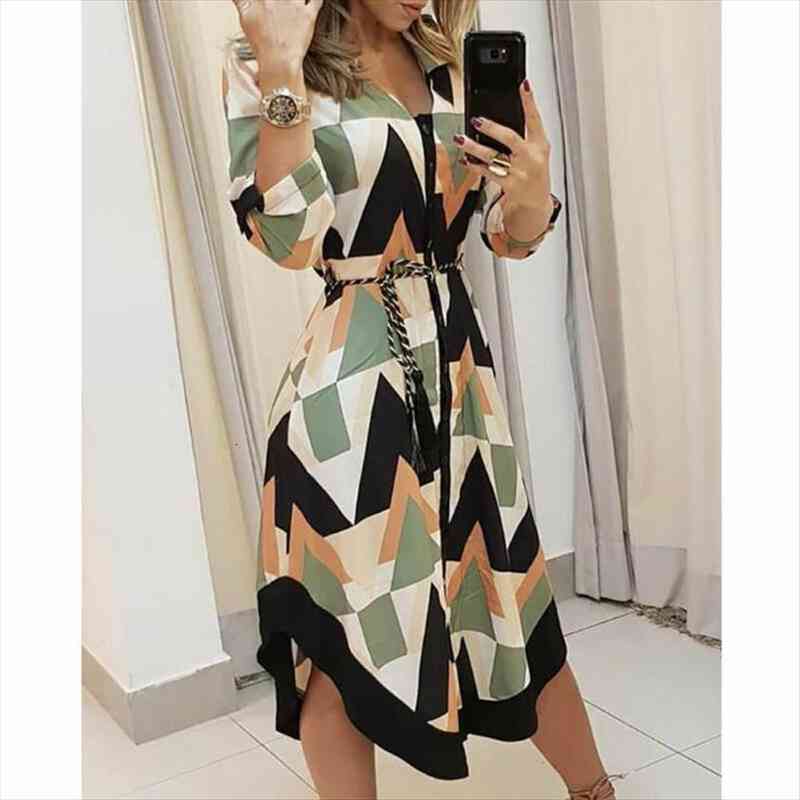 long geometric pattern v neck women dresses color matching shirt with belt, Black;gray
long geometric pattern v neck women dresses color matching shirt with belt, Black;gray