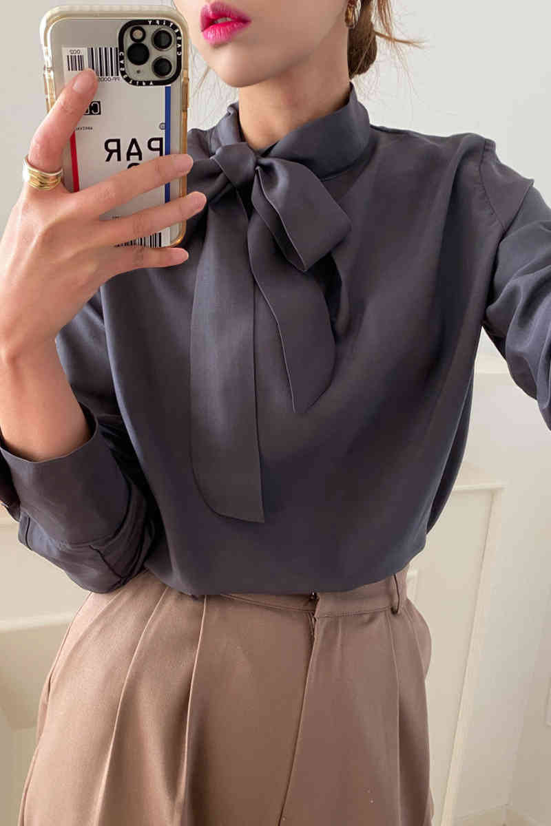 Chic Women Bow Bandage Stand Collar Blouses Solid Casual Retro Sweet Elegant Blouse Korean All Match Tops Shirt 210519
