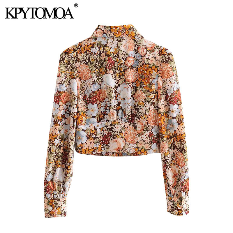 Women Fashion With Bow Tied Floral Print Cropped Blouses Long Sleeve Button-up Female Shirts Chic Tops 210420