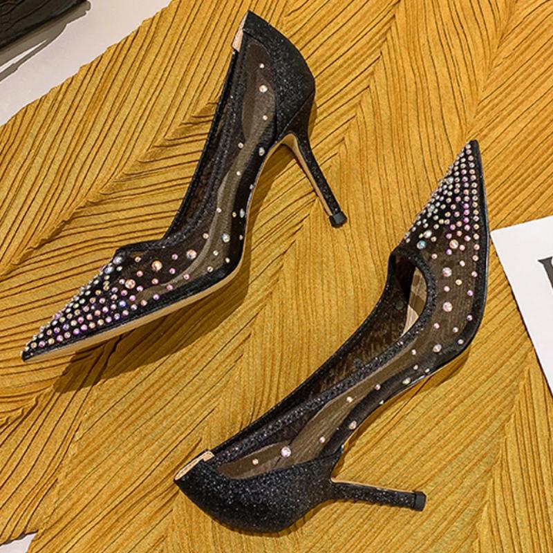 Dress Shoes Mesh Rhinestone Female 2021 Summer Colorful Crystals Low-Cut Pointed-Toe Stilettos Super High Heel Women's