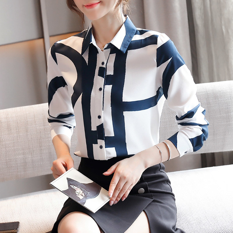 Autumn Korean Loose Print Women Blouse and Tops Long Sleeve Casual Cardigan Chiffon Shirt Blusas Mujer 10789 210518