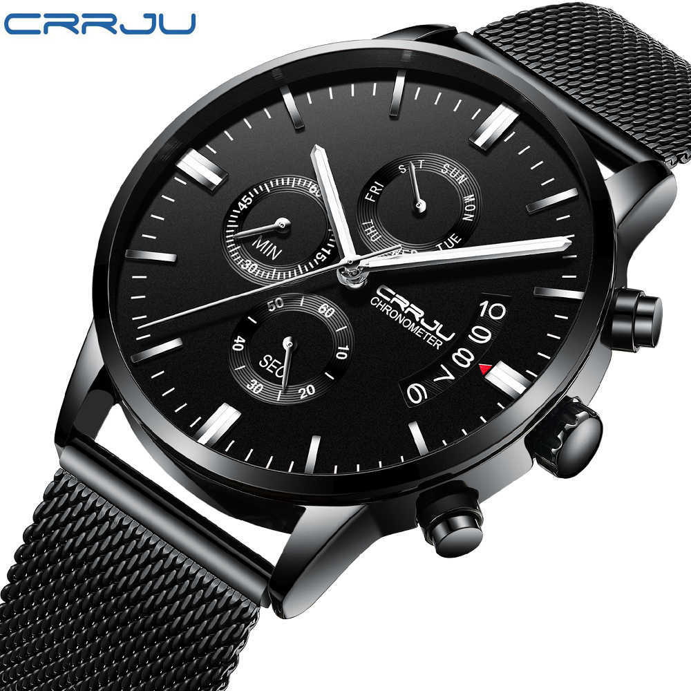 Crrju New Men's Calander Waterproof Sport Wristwatch With Milan Strap Army Chronograph Quartz Heavy Watches Fashion Male Clock Y19051403