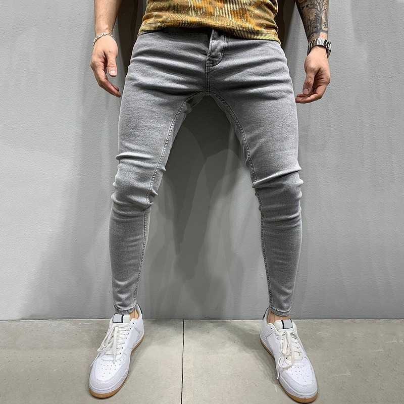 Puimentiua Jeans Men Elastic Waist Skinny Stretch Ripped Pants Streetwear s Denim Blue 211011