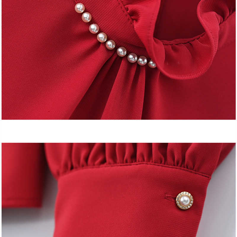 Korean Silk Women Blouses Woman Satin Beading Shirts Long Sleeve Shirt Tops Plus Size Ruffles Top 210604