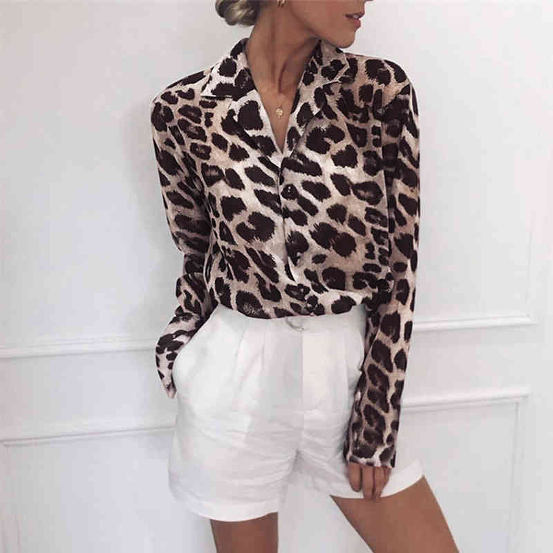 Chiffon Blouse Long Sleeve Sexy Leopard Print Turn Down Collar Lady Office Shirt Tunic Casual Loose Tops Plus Size Blusas 210428
