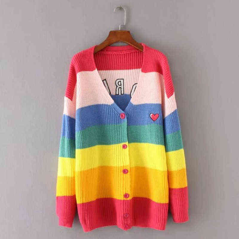 Lazy BORING Emboridery Rainbow Striped Cardigan Oversized Long Sleeve Knit Top Womens Sweaters Cardigans Harajuku Outift / 211117