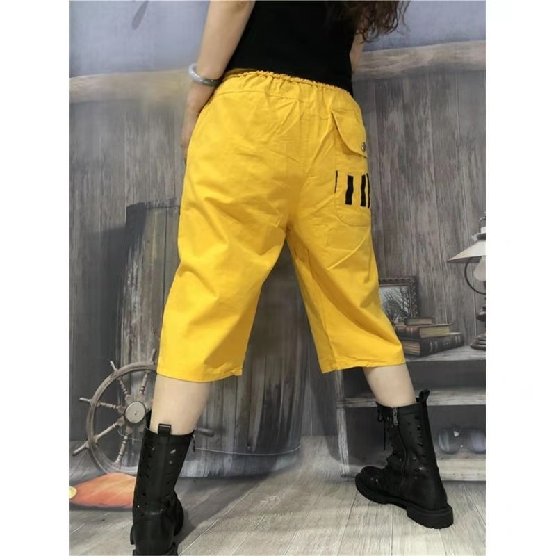Arrival Summer Women Loose Casual Print Elastic Waist Calf-length Pants All-matched Cotton Big Pocket Harem W119 210512