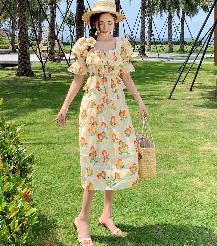 Vintage Bohemian Women 2 Pieces Set Summer Sweet Square Collar Puff Sleeve Slim Crop Top + High Waist Midi Skirts Suit Female 210519