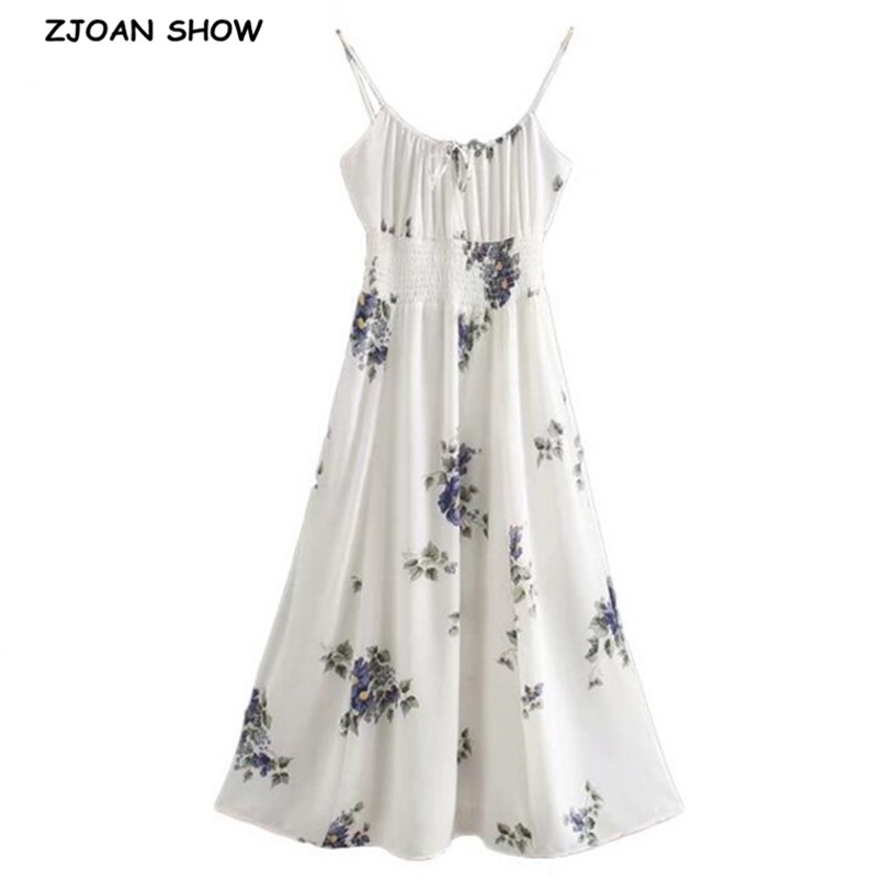 Vintage France Spring Floral Print Spaghetti Strap Midi Dress Retro Sexy Women Adjust Lacing up Collar Sling Dresses Holiday 210429
