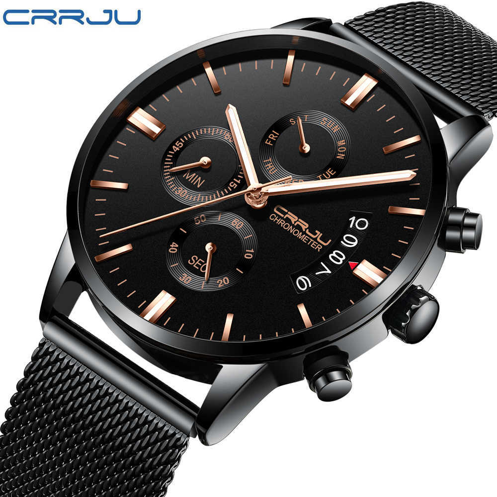 Crrju New Men's Calander Waterproof Sport Wristwatch With Milan Strap Army Chronograph Quartz Heavy Watches Fashion Male Clock Y19051403