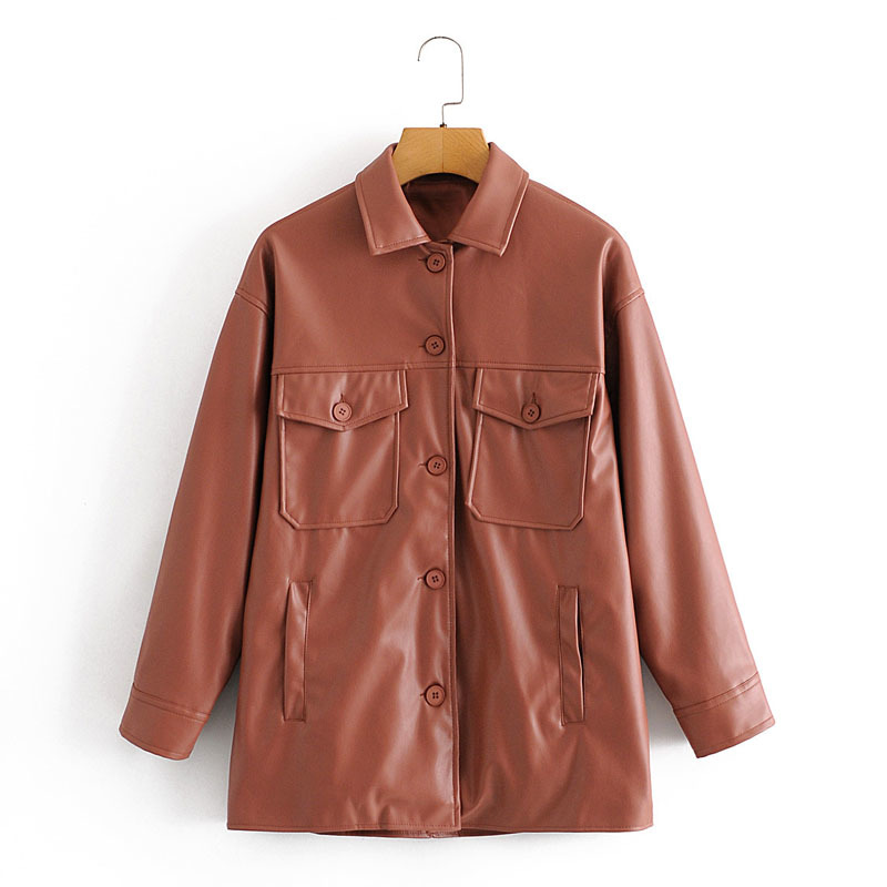 Simple PU Lapel Pocket Long Sleeve Single Breasted Windproof Fashion Chic Women's Jacket High Waist Sweet Female Pants Suit 210507