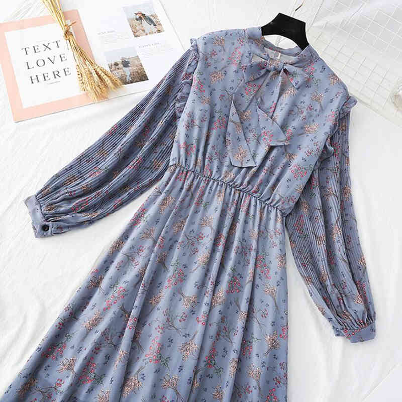 Elegant O-Neck Ruffles Women Dress Elastic Waist Print Chiffon Dress Spring Vintage Long Sleeve Bow Midi Dress Vestidos 210521