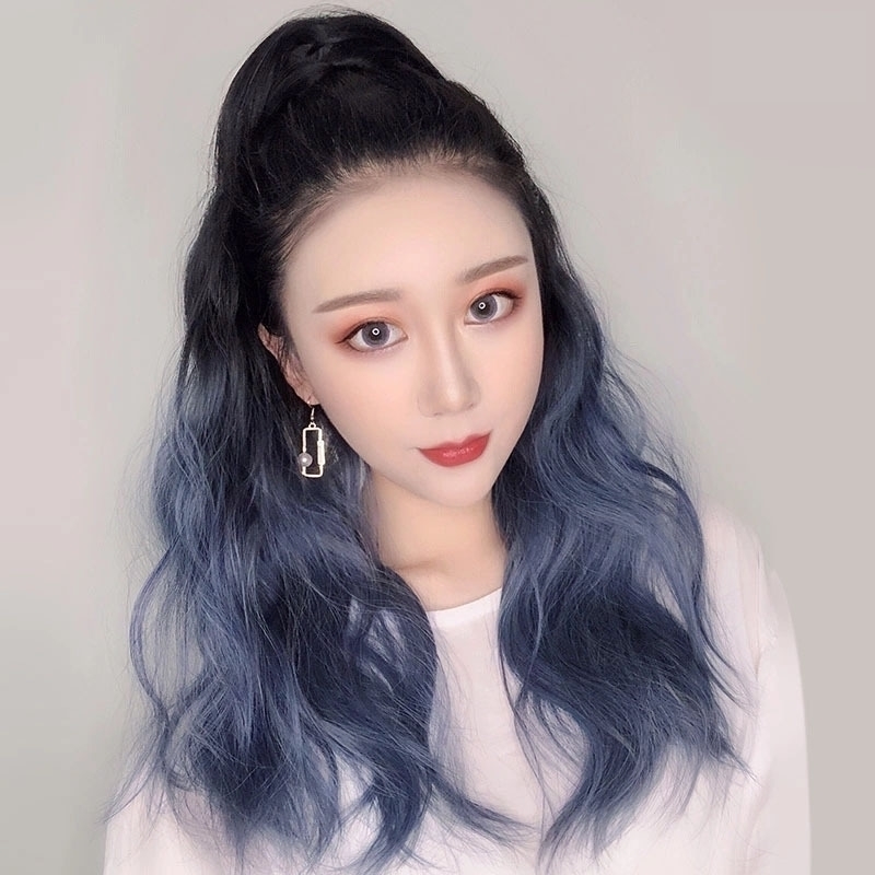 

big Wig wave high long curly hair pick dyeing gradually changing color bandage grab clip wig chemical fiber horsetail braid, Grip - dark brown gradient haze blue