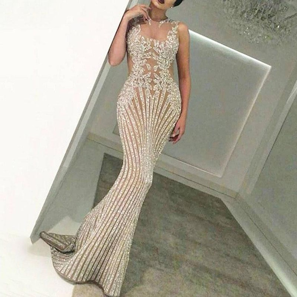 Sparkly Silver Sexy Mermaid Prom Dresses 2022 Long Lace Sequins Beaded Backless Chic Evening Gowns Formal Party Ocassion Dress